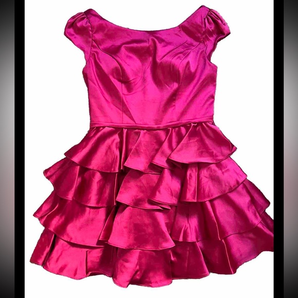 Mac Duggal Dresses & Skirts - Mac Duggal Cap Sleeve Tiered Satin Cocktail Mini Dress Hot Pink Size 6 Formal